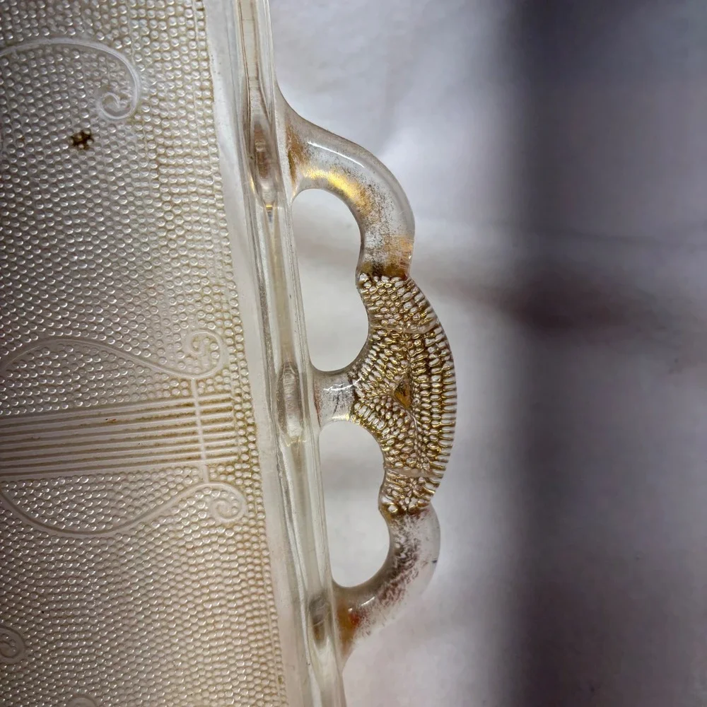 Vintage Harp Etched Glass Serving Tray with Handles‎ Ornate Floral Design